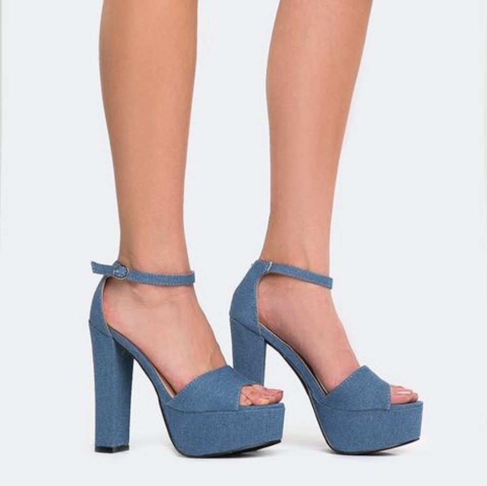 Denim Ankle Strap Chunky Platform Heel